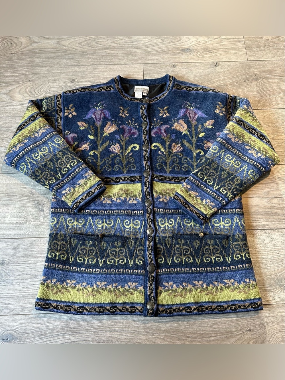 Coldwater Creek Vintage Shetland Wool Floral Knit Chunky Cardigan Size Large